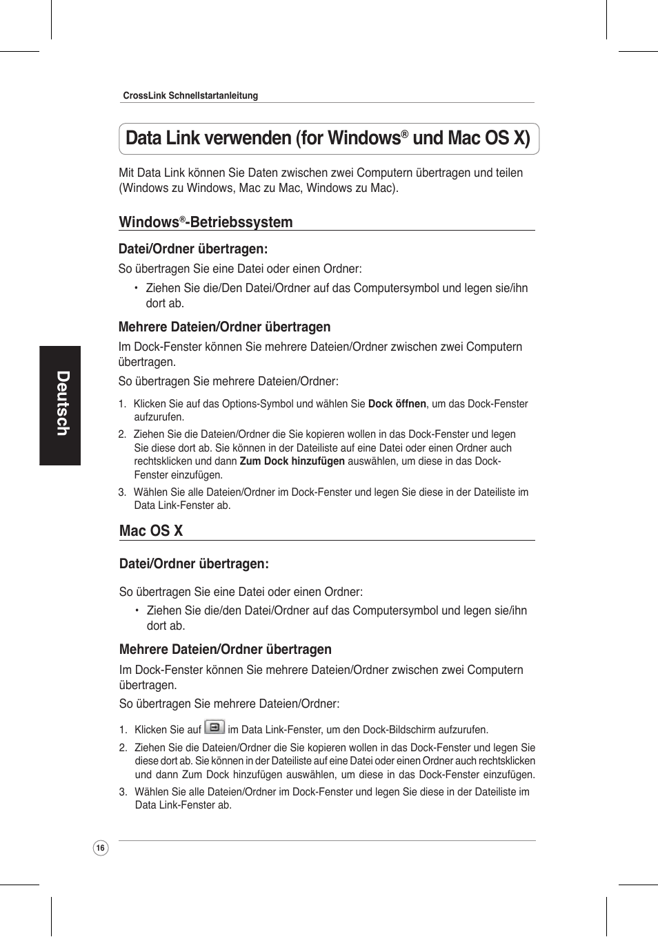 Data link verwenden (for windows, Und mac os x), Deutsch | Windows, Betriebssystem, Mac os x | Asus CrossLink Plus User Manual | Page 16 / 92