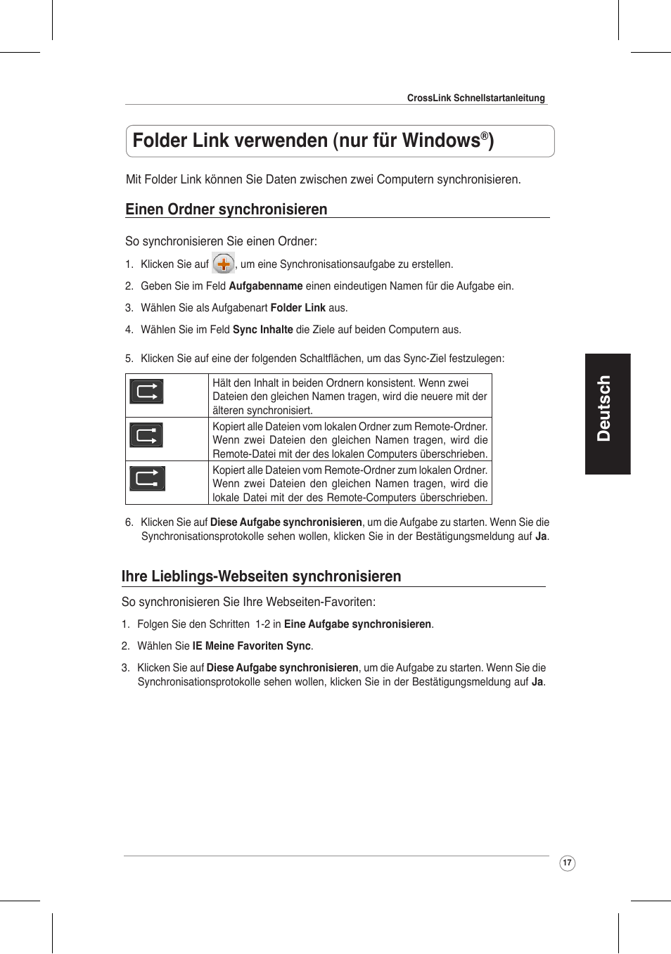 Folder link verwenden (nur für windows, Deutsch, Ihre lieblings-webseiten synchronisieren | Einen ordner synchronisieren | Asus CrossLink Plus User Manual | Page 17 / 92