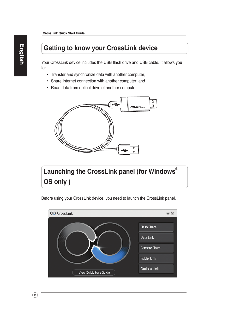Launching the crosslink panel (for windows, Os only ) getting to know your crosslink device | Asus CrossLink Plus User Manual | Page 2 / 92