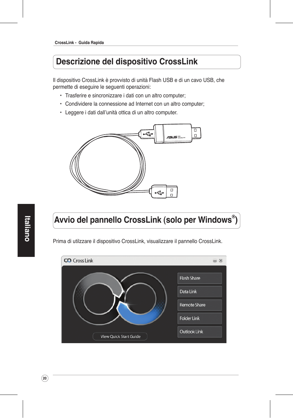 Avvio del pannello crosslink (solo per windows, Descrizione del dispositivo crosslink, Italiano | Asus CrossLink Plus User Manual | Page 20 / 92