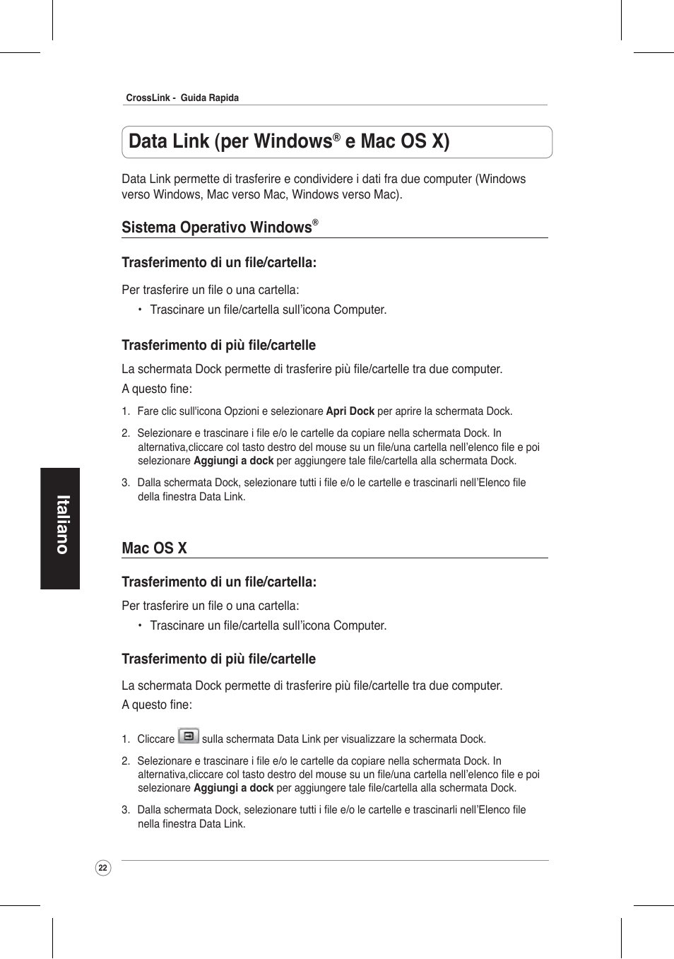 Data link (per windows, E mac os x), Italiano | Sistema operativo windows, Mac os x | Asus CrossLink Plus User Manual | Page 22 / 92