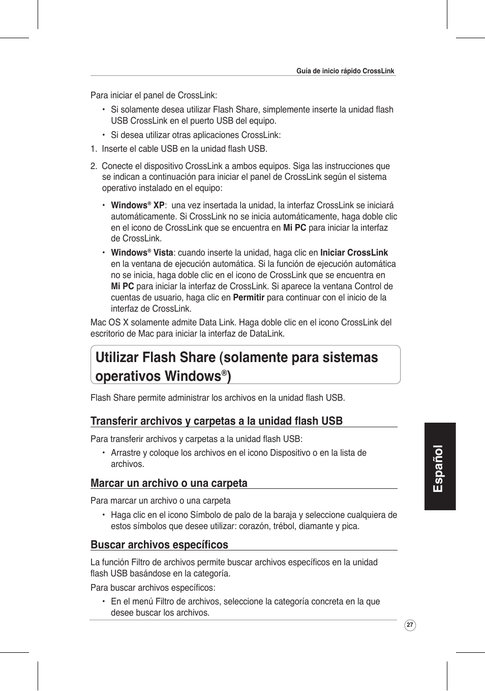 Español, Marcar un archivo o una carpeta, Buscar archivos específicos | Asus CrossLink Plus User Manual | Page 27 / 92