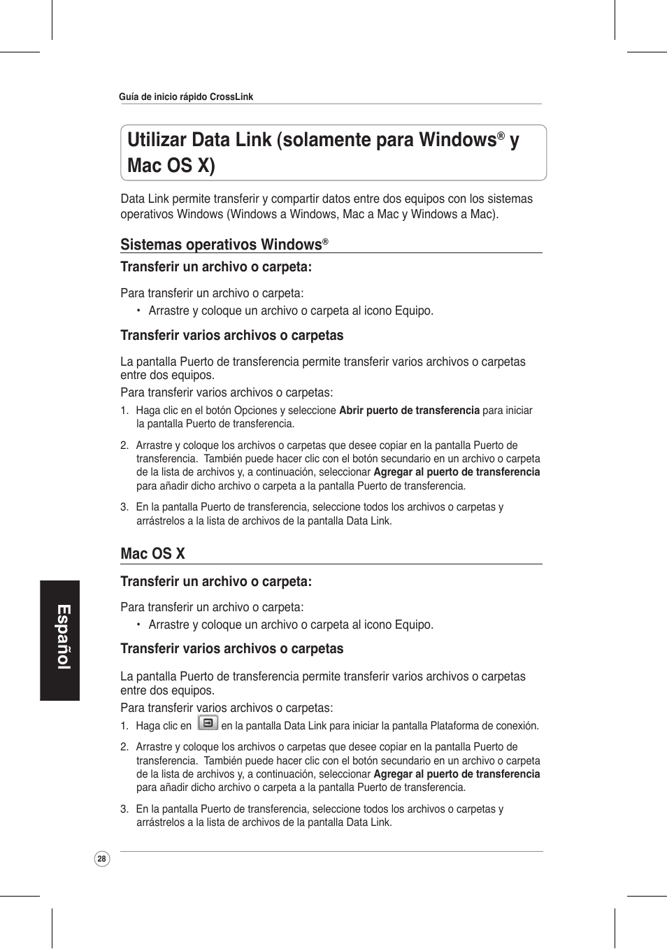 Utilizar data link (solamente para windows, Ymac os x), Español | Sistemas operativos windows, Mac os x | Asus CrossLink Plus User Manual | Page 28 / 92