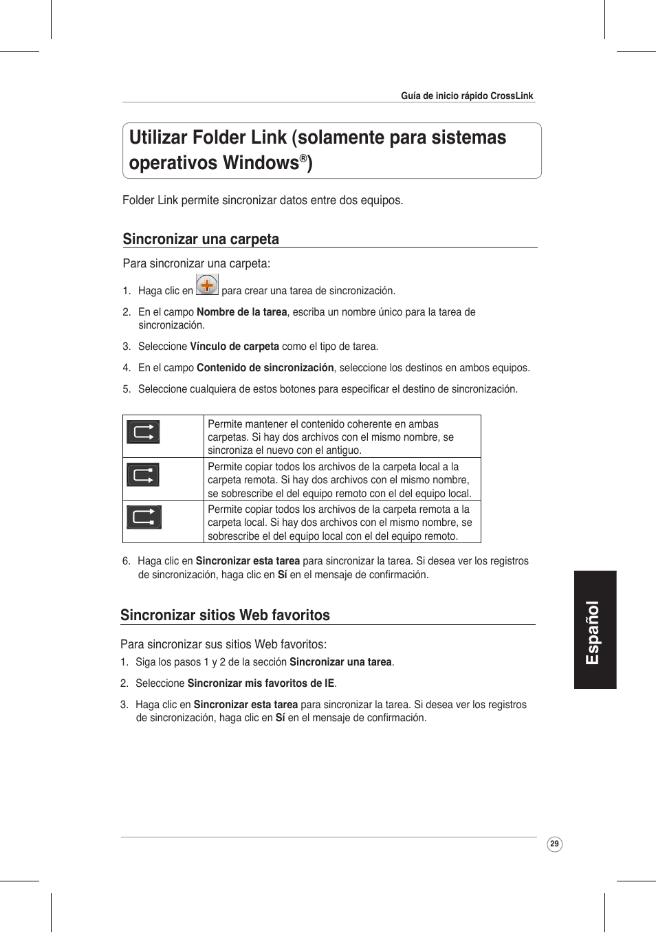 Español, Sincronizar una carpeta, Sincronizar sitios web favoritos | Asus CrossLink Plus User Manual | Page 29 / 92