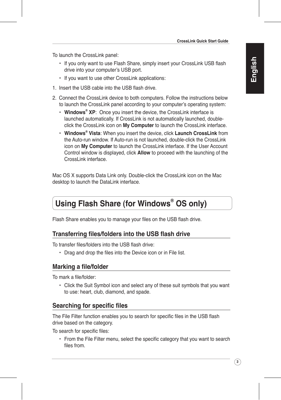 Using flash share (for windows, Os only), English | Marking a file/folder, Searching for specific files | Asus CrossLink Plus User Manual | Page 3 / 92