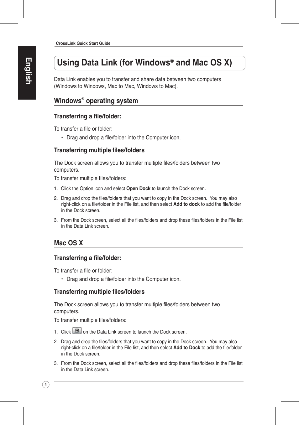 Using data link (for windows, And mac os x), English | Windows, Operating system, Mac os x | Asus CrossLink Plus User Manual | Page 4 / 92