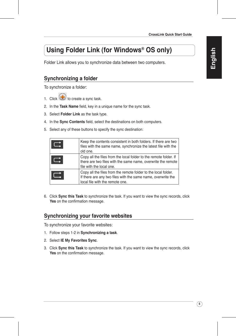 Using folder link (for windows, Os only), English | Synchronizing a folder, Synchronizing your favorite websites | Asus CrossLink Plus User Manual | Page 5 / 92