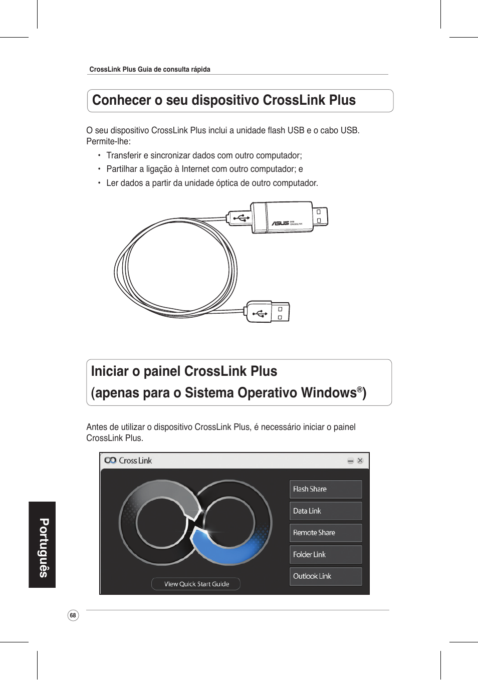 Conhecer o seu dispositivo crosslink plus, Português | Asus CrossLink Plus User Manual | Page 68 / 92