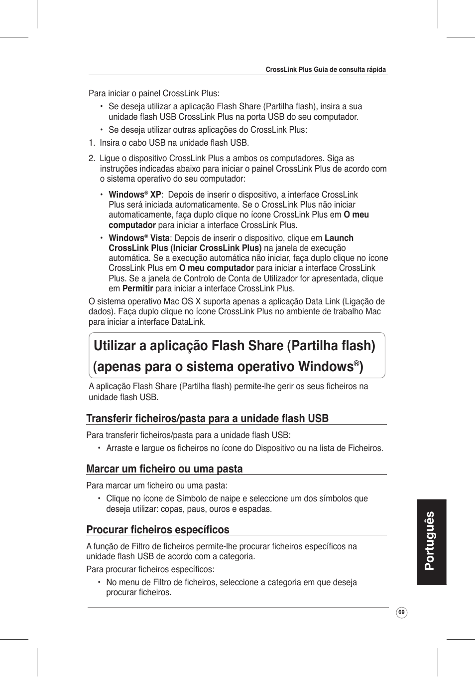 Português, Marcar um ficheiro ou uma pasta, Procurar ficheiros específicos | Asus CrossLink Plus User Manual | Page 69 / 92