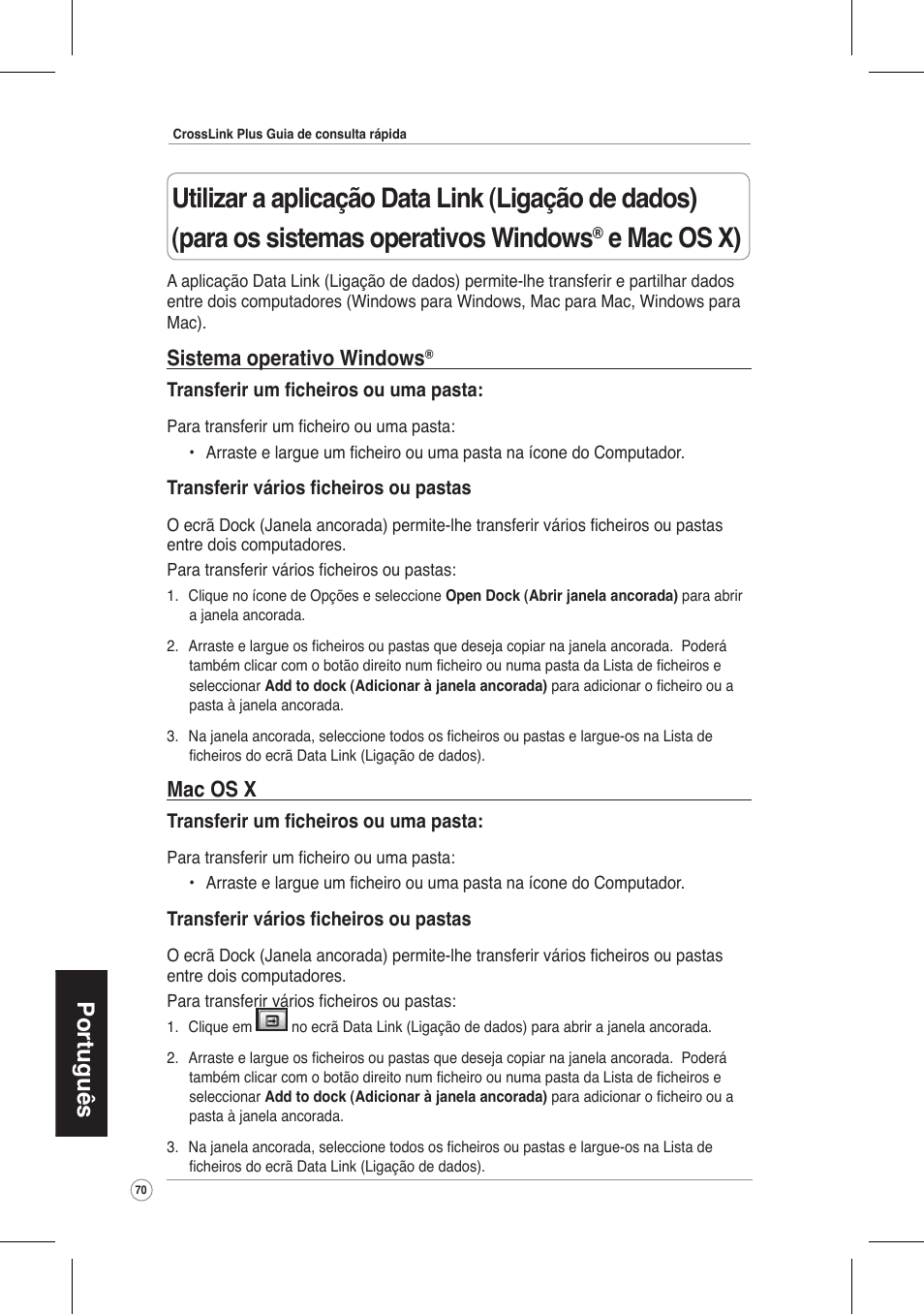 E mac os x), Português, Sistema operativo windows | Mac os x | Asus CrossLink Plus User Manual | Page 70 / 92