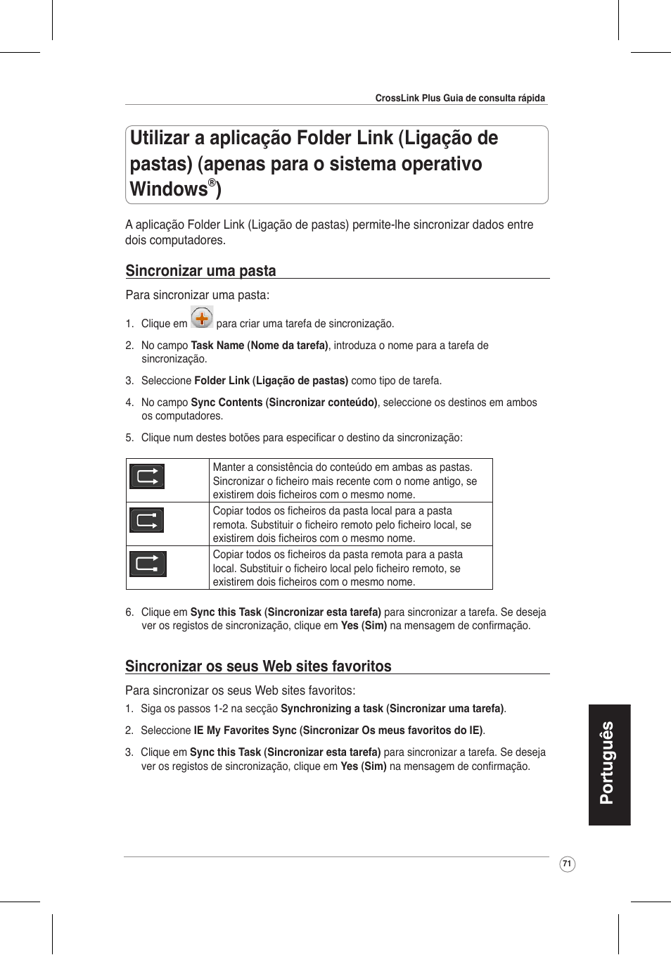 Português, Sincronizar uma pasta, Sincronizar os seus web sites favoritos | Asus CrossLink Plus User Manual | Page 71 / 92