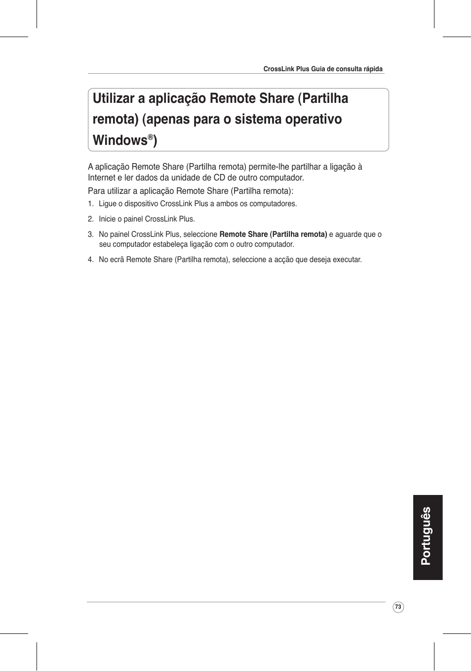 Português | Asus CrossLink Plus User Manual | Page 73 / 92