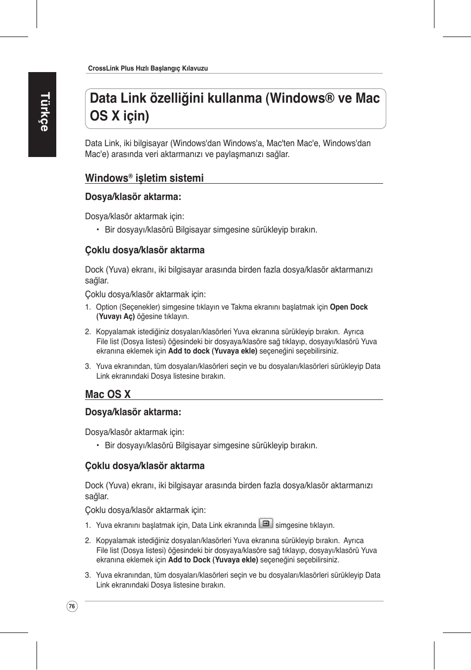 Türkçe, Windows, Işletim sistemi | Mac os x | Asus CrossLink Plus User Manual | Page 76 / 92