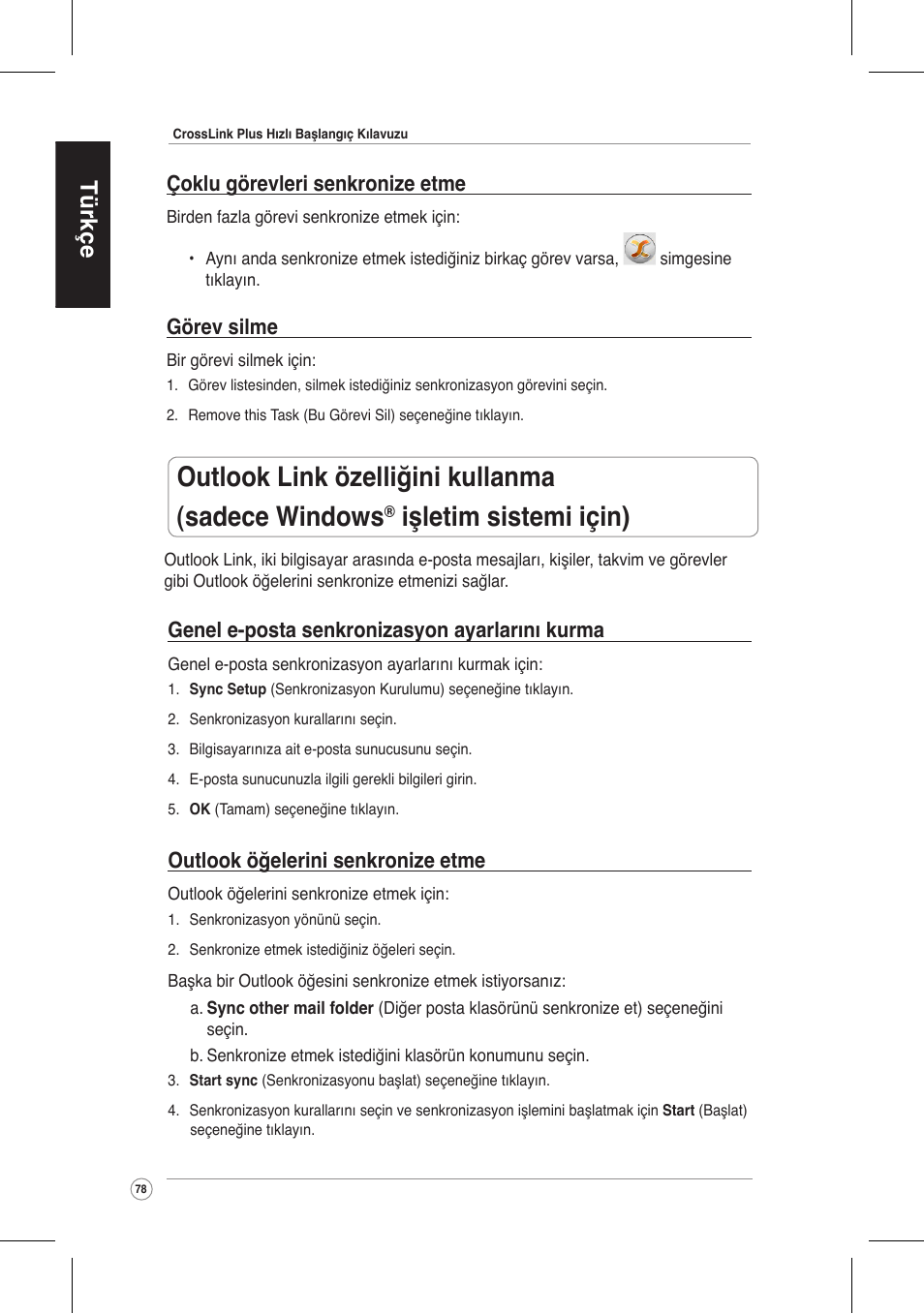 Outlook link özelliğini kullanma (sadece windows, Işletim sistemi için), Türkçe | Asus CrossLink Plus User Manual | Page 78 / 92