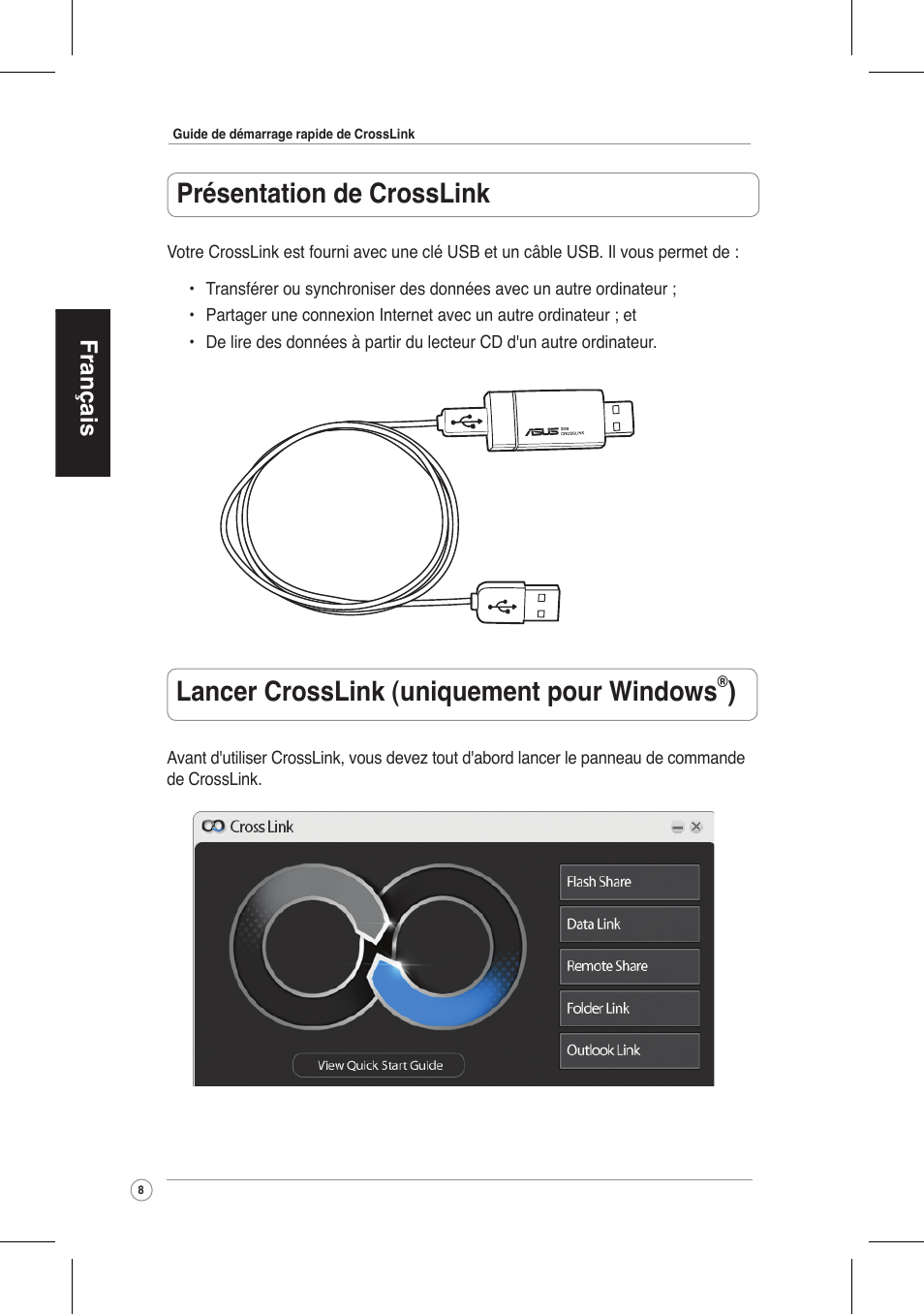 Lancer crosslink (uniquement pour windows, Présentation de crosslink, Français | Asus CrossLink Plus User Manual | Page 8 / 92