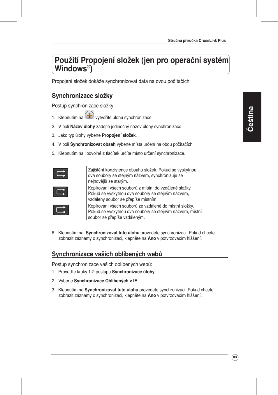 Čeština, Synchronizace složky, Synchronizace vašich oblíbených webů | Asus CrossLink Plus User Manual | Page 83 / 92