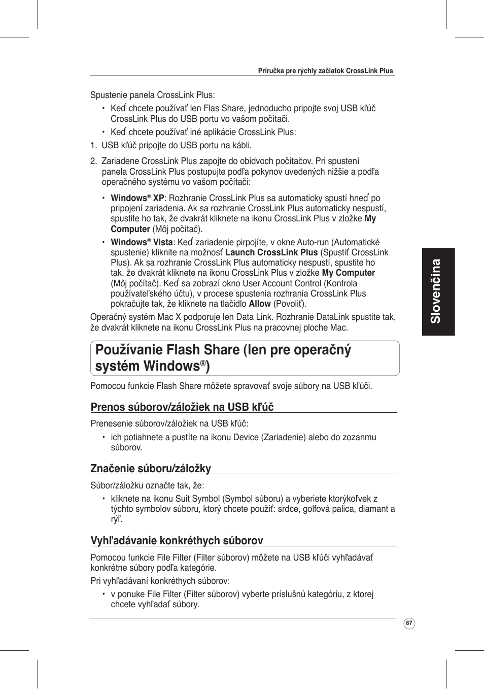 Slovenčina, Prenos súborov/záložiek na usb kľúč, Značenie súboru/záložky | Vyhľadávanie konkréthych súborov | Asus CrossLink Plus User Manual | Page 87 / 92