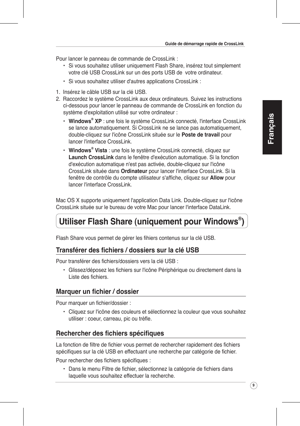 Utiliser flash share (uniquement pour windows, Français, Transférer des fichiers / dossiers sur la clé usb | Marquer un fichier / dossier, Rechercher des fichiers spécifiques | Asus CrossLink Plus User Manual | Page 9 / 92