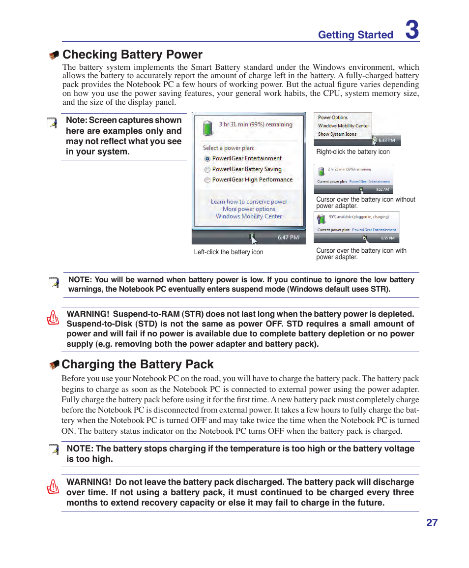 Checking battery power, Charging the battery pack | Asus X20S User Manual | Page 27 / 87