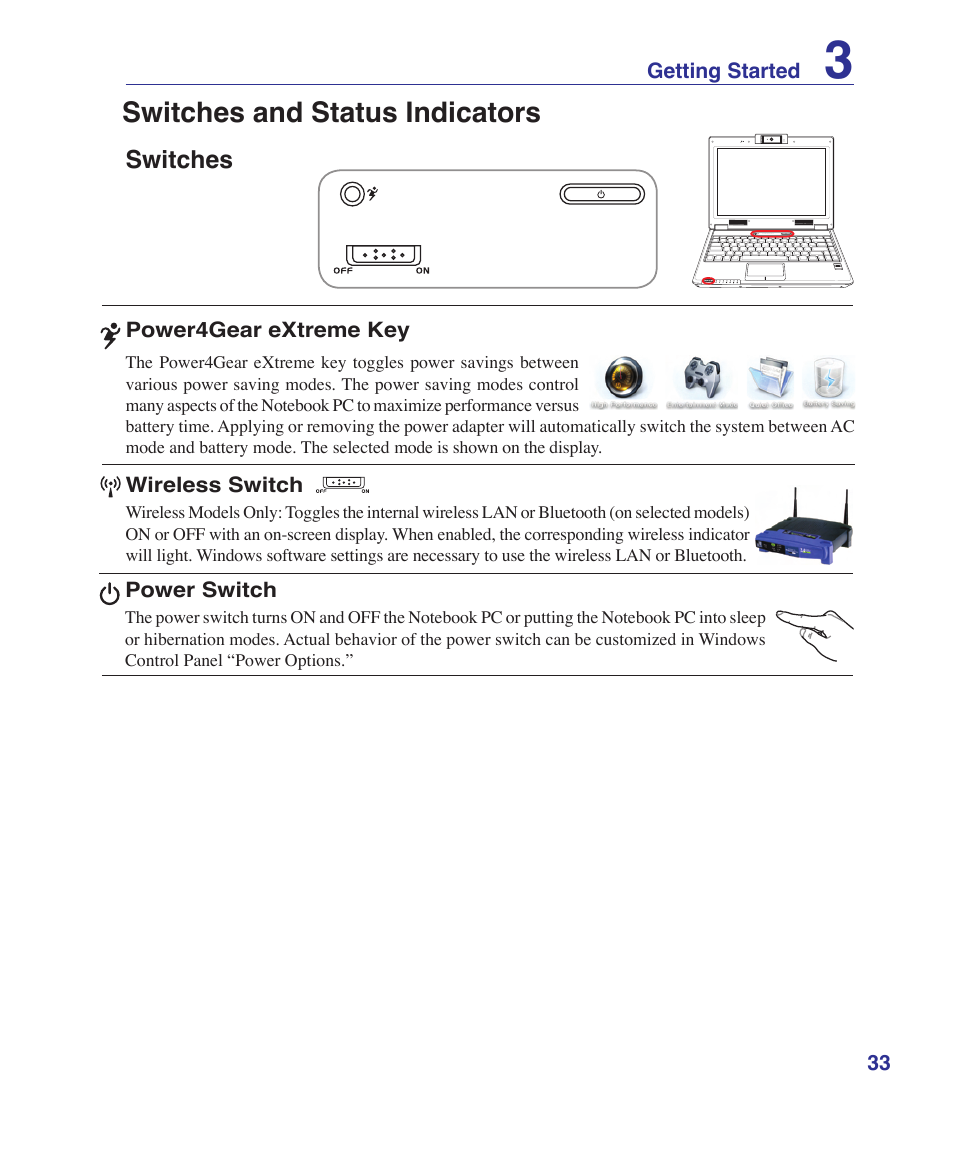 Switches and status indicators, Switches | Asus X20S User Manual | Page 33 / 87