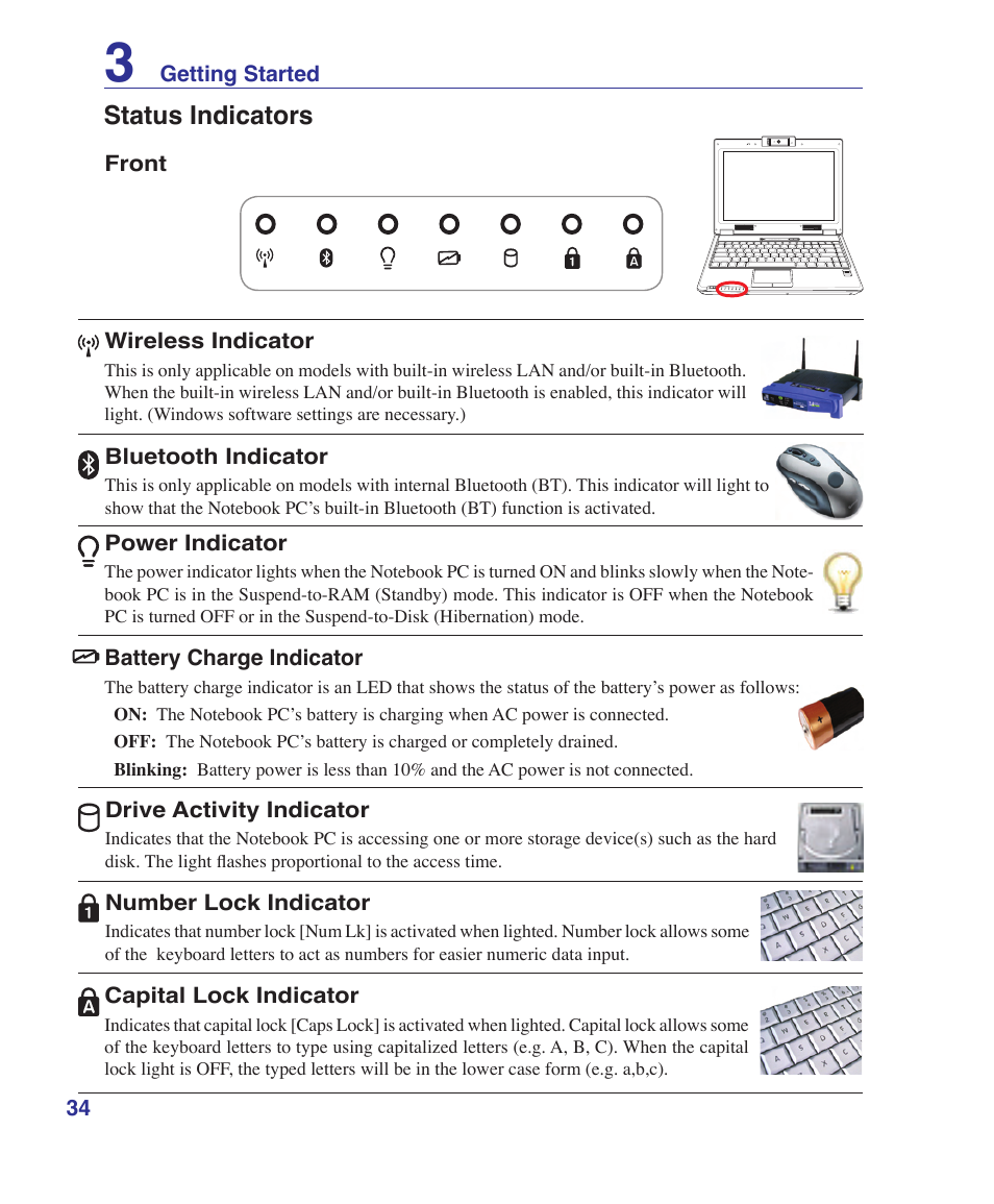 Status indicators | Asus X20S User Manual | Page 34 / 87