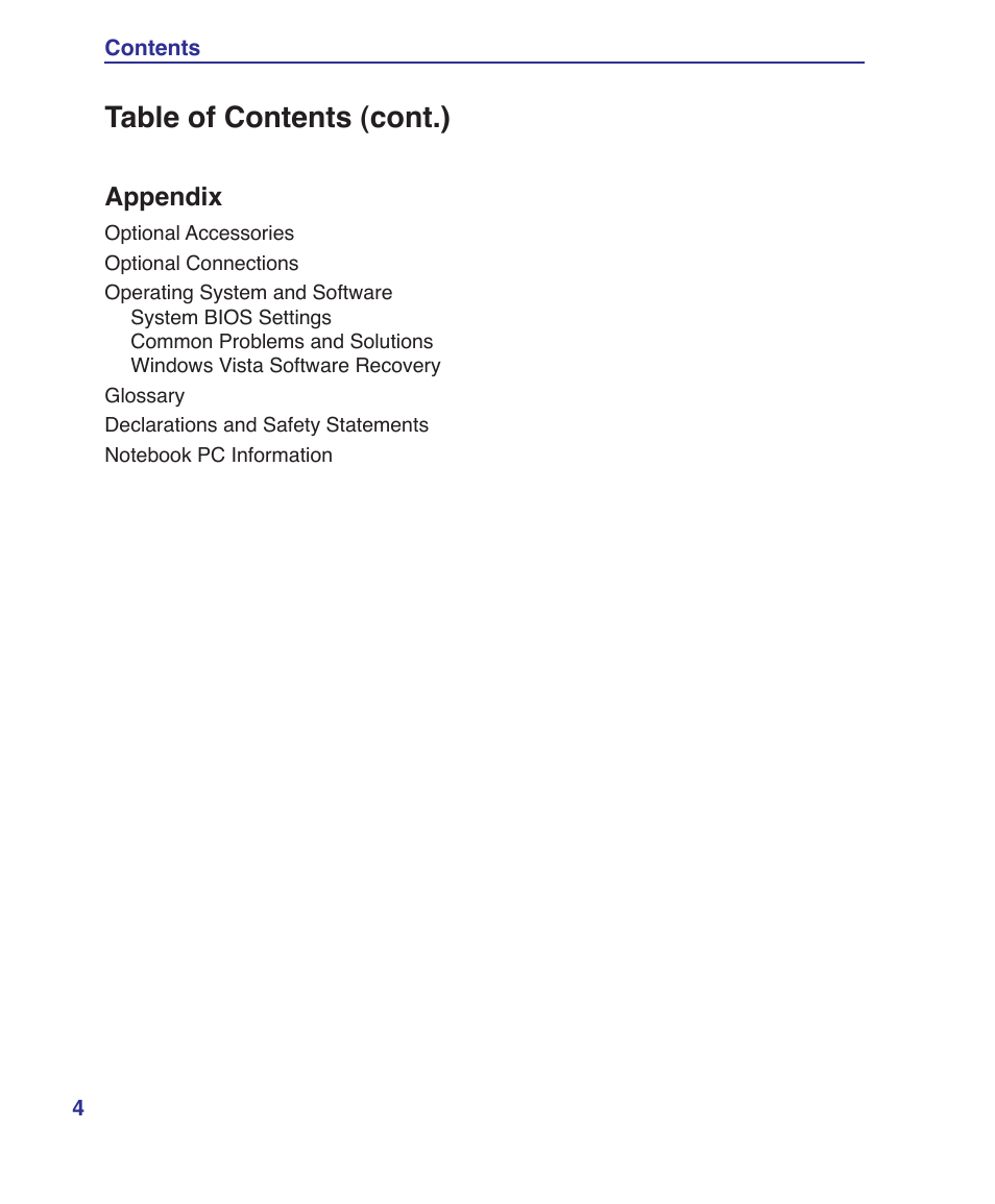 Table of contents (cont.) | Asus X20S User Manual | Page 4 / 87