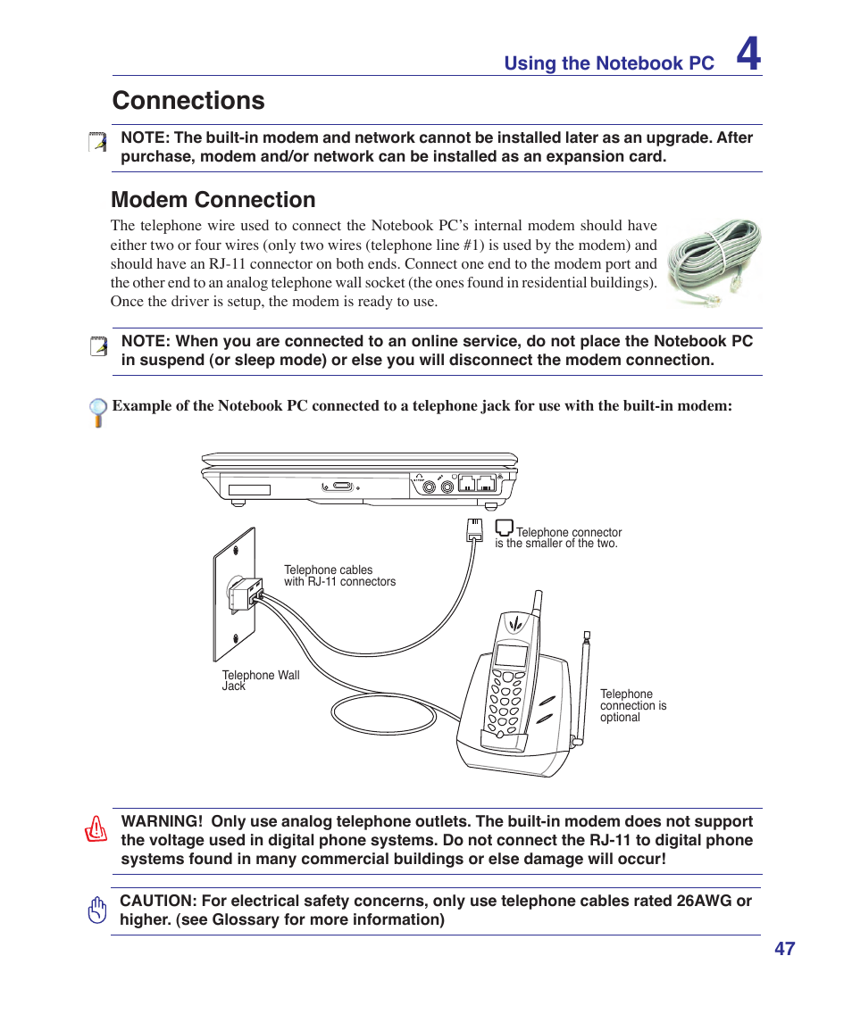 Connections, Modem connection | Asus X20S User Manual | Page 47 / 87