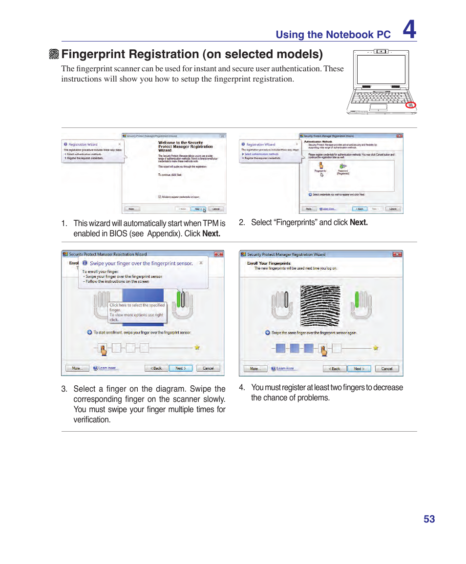 Fingerprint registration (on selected models) | Asus X20S User Manual | Page 53 / 87