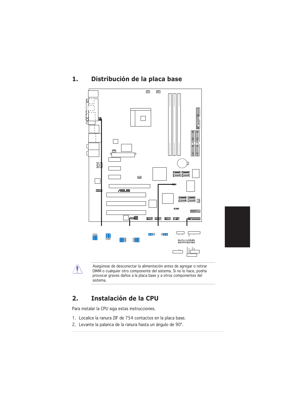 Instalación de la cpu, Distribución de la placa base, Espa ñ ol | Asus k8n4-e deluxe | Asus K8N4-E DELUXE User Manual | Page 11 / 20