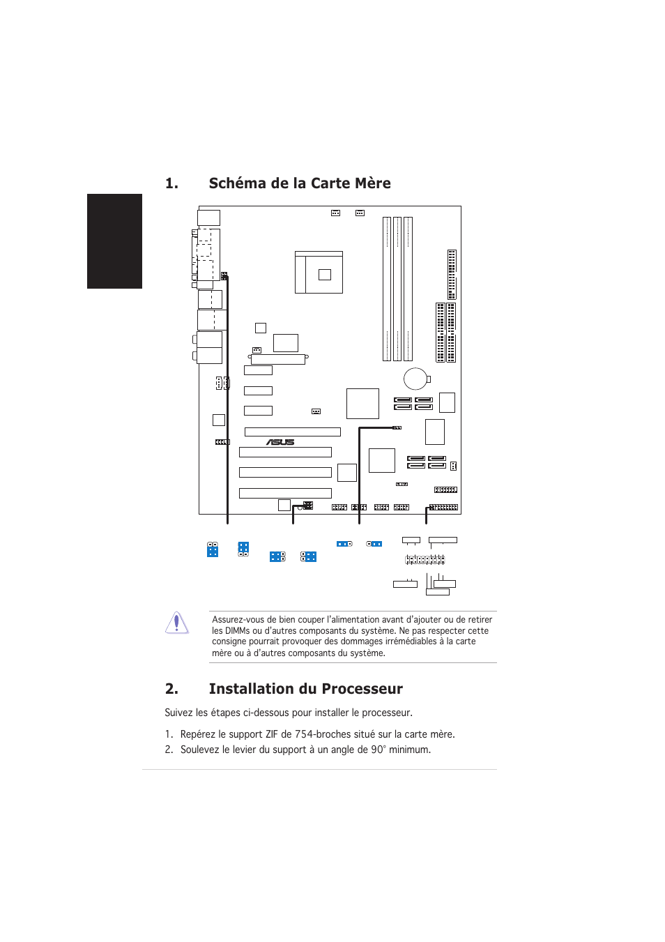 Installation du processeur, Schéma de la carte mère, Français | Asus k8n4-e deluxe | Asus K8N4-E DELUXE User Manual | Page 2 / 20