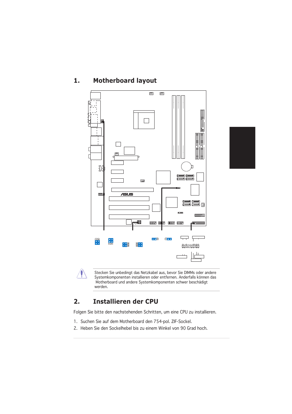 Installieren der cpu, Motherboard layout, Deutsch | Asus k8n4-e deluxe | Asus K8N4-E DELUXE User Manual | Page 5 / 20