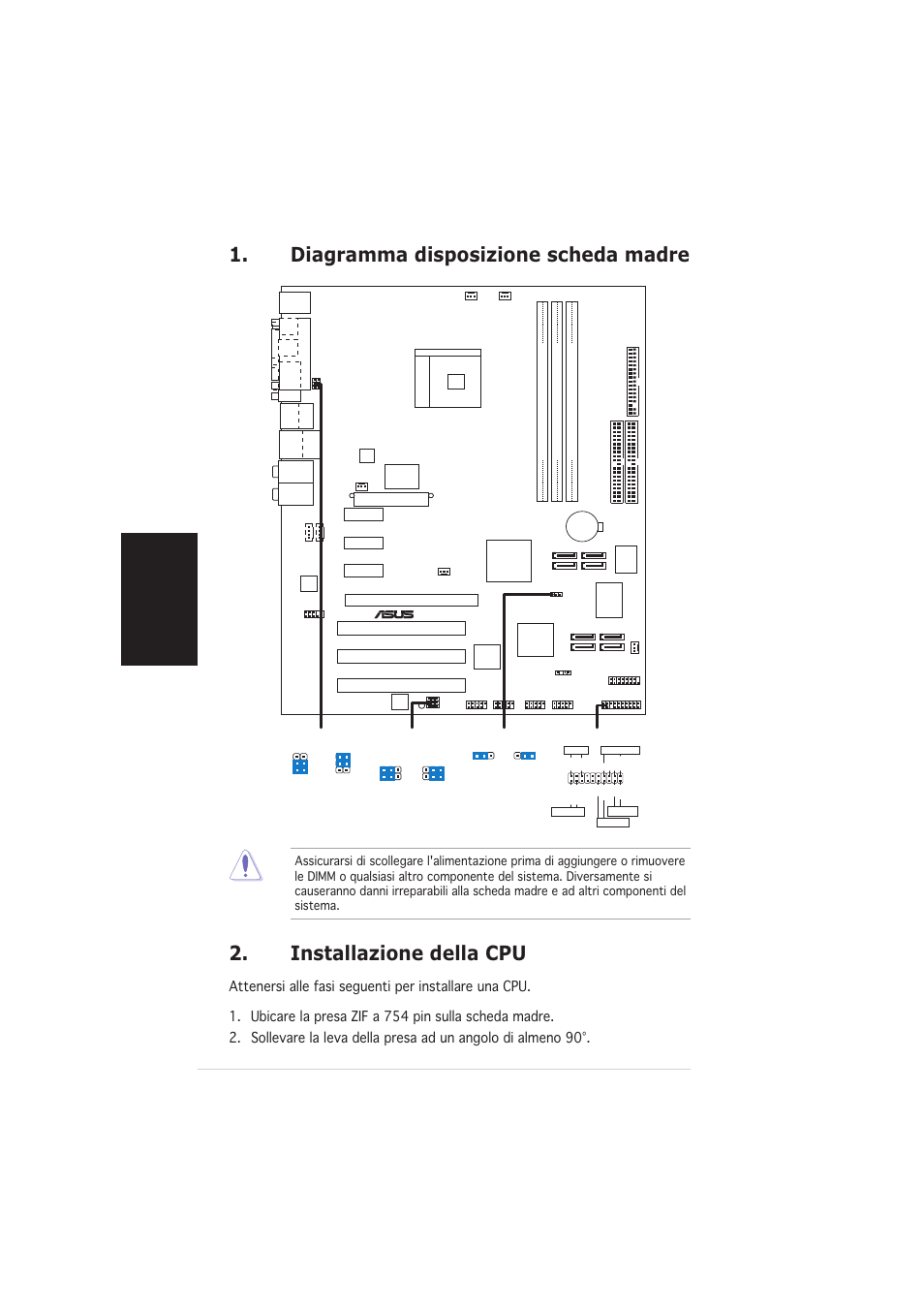 Installazione della cpu, Diagramma disposizione scheda madre, Italiano | Asus k8n4-e deluxe | Asus K8N4-E DELUXE User Manual | Page 8 / 20