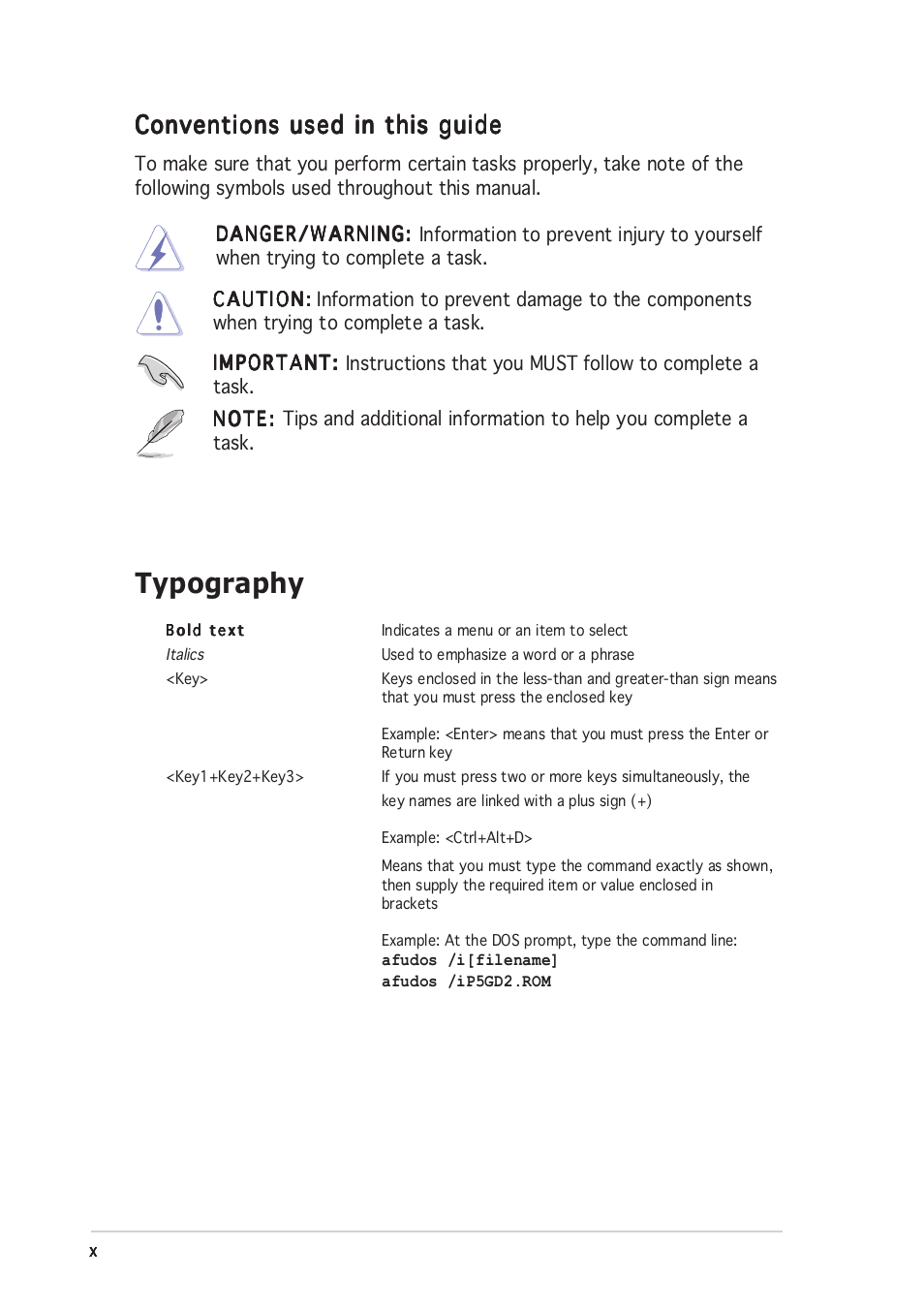 Typography, Conventions used in this guide | Asus P5GD2 Premium User Manual | Page 10 / 156