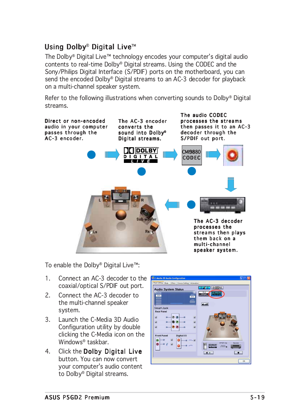 Using dolby, Digital live, Digital live digital live | The dolby, Digital streams | Asus P5GD2 Premium User Manual | Page 133 / 156