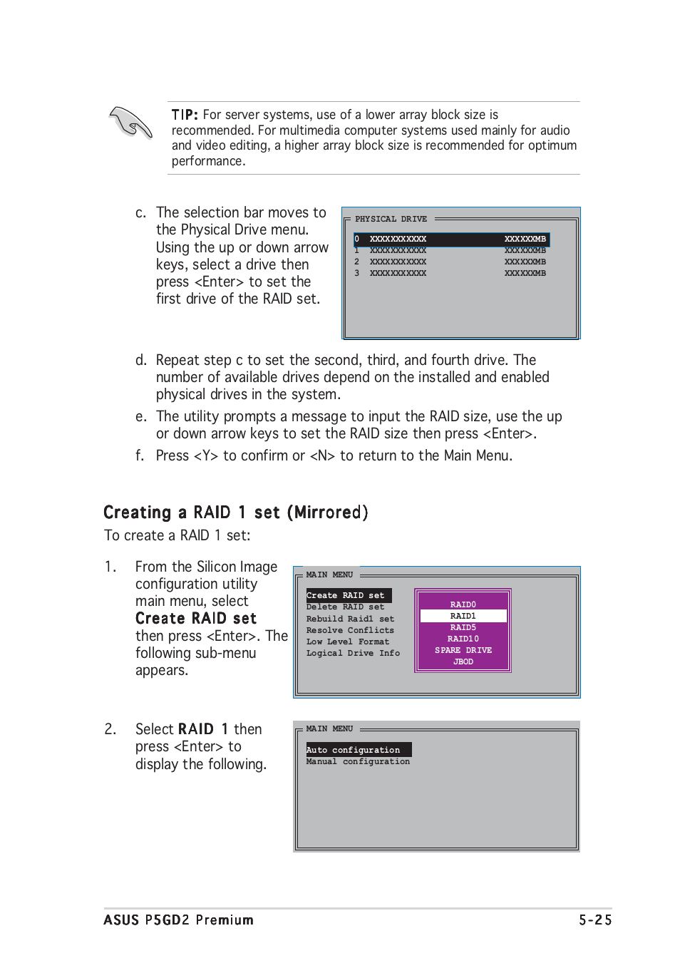 Creating a raid 1 set (mirrored) | Asus P5GD2 Premium User Manual | Page 139 / 156