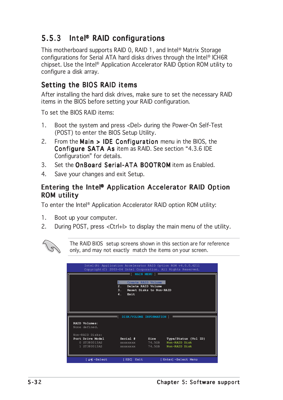 3 intel intel intel intel intel, Raid configurations, Setting the bios raid items | Entering the intel, Application accelerator raid option | Asus P5GD2 Premium User Manual | Page 146 / 156