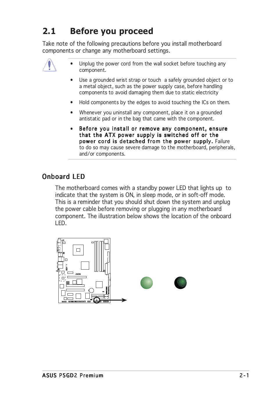 1 before you proceed, Onboard led | Asus P5GD2 Premium User Manual | Page 25 / 156