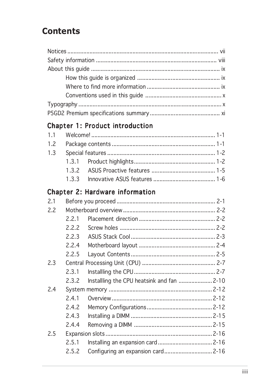 Asus P5GD2 Premium User Manual | Page 3 / 156