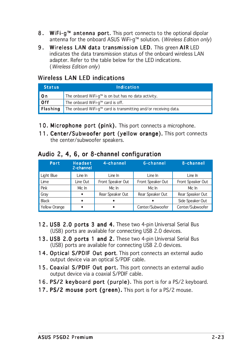 Wireless lan led indications, Audio 2, 4, 6, or 8-channel configuration | Asus P5GD2 Premium User Manual | Page 47 / 156