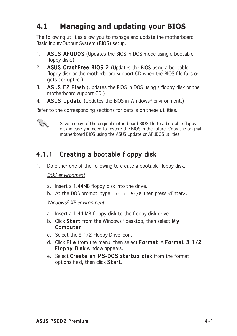 1 managing and updating your bios | Asus P5GD2 Premium User Manual | Page 71 / 156