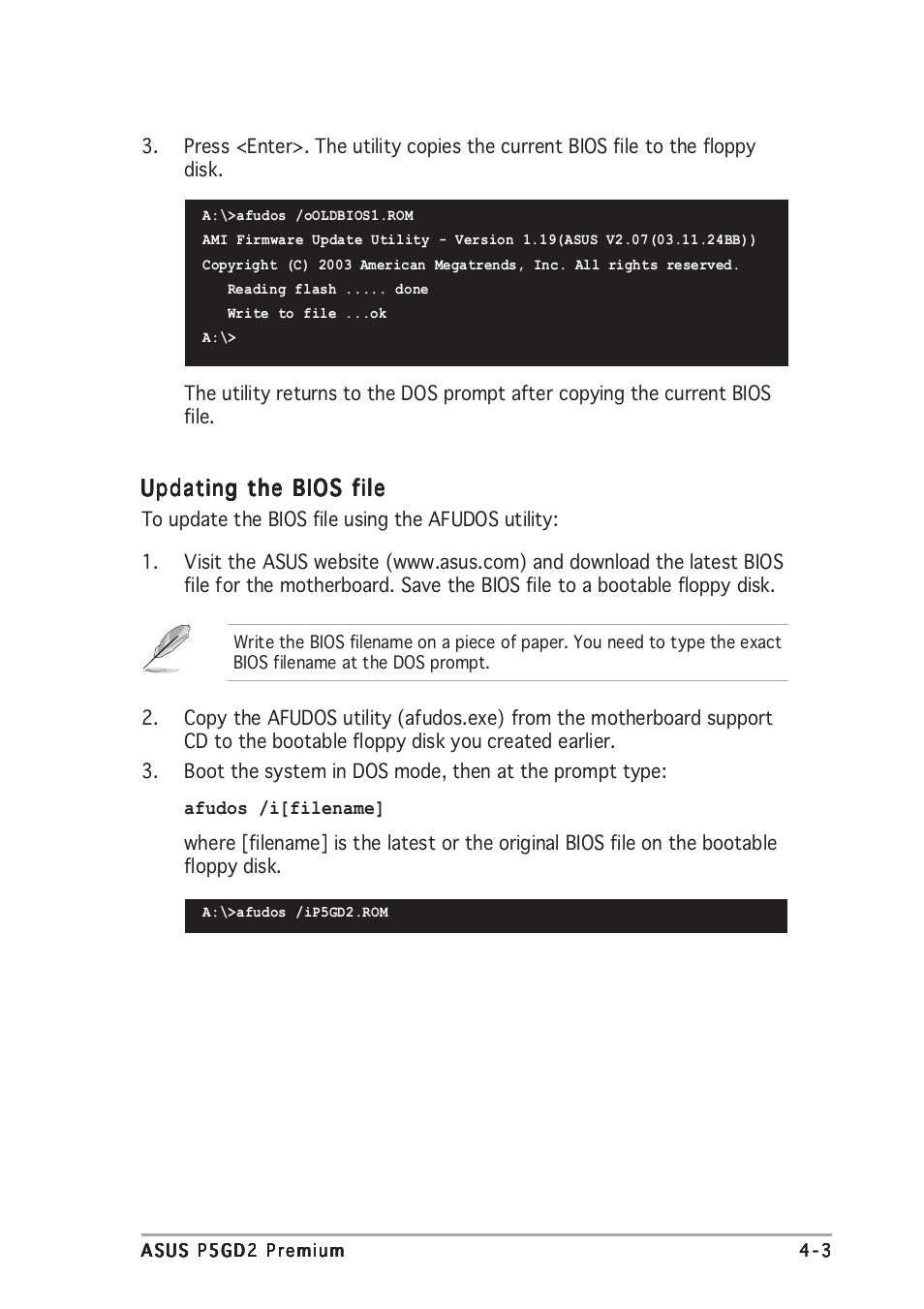 Updating the bios file | Asus P5GD2 Premium User Manual | Page 73 / 156