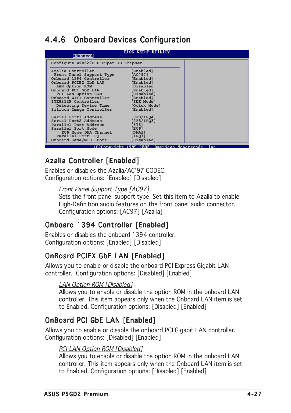 Azalia controller [enabled, Onboard 1394 controller [enabled, Onboard pciex gbe lan [enabled | Onboard pci gbe lan [enabled | Asus P5GD2 Premium User Manual | Page 97 / 156