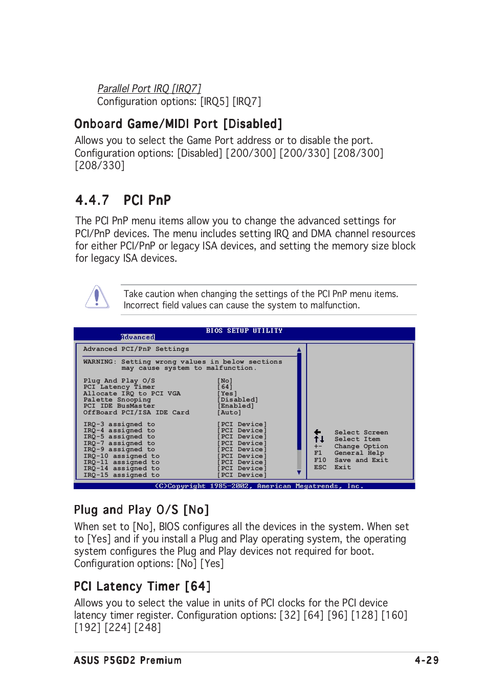 7 pci pnp pci pnp pci pnp pci pnp pci pnp, Plug and play o/s [no, Pci latency timer [64 | Onboard game/midi port [disabled | Asus P5GD2 Premium User Manual | Page 99 / 156