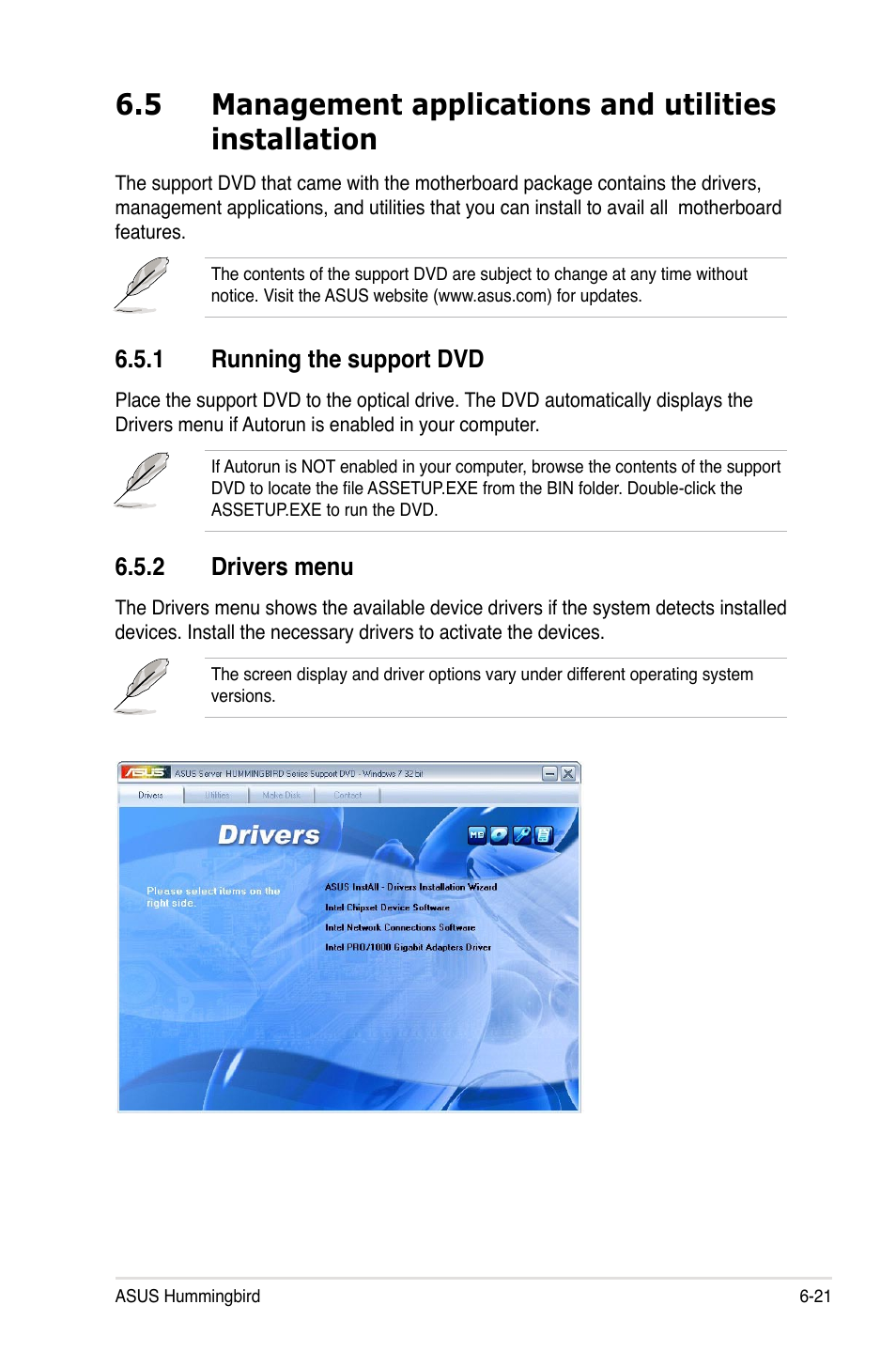 1 running the support dvd, 2 drivers menu, Running the support dvd -21 | Drivers menu -21 | Asus Hummingbird User Manual | Page 107 / 112