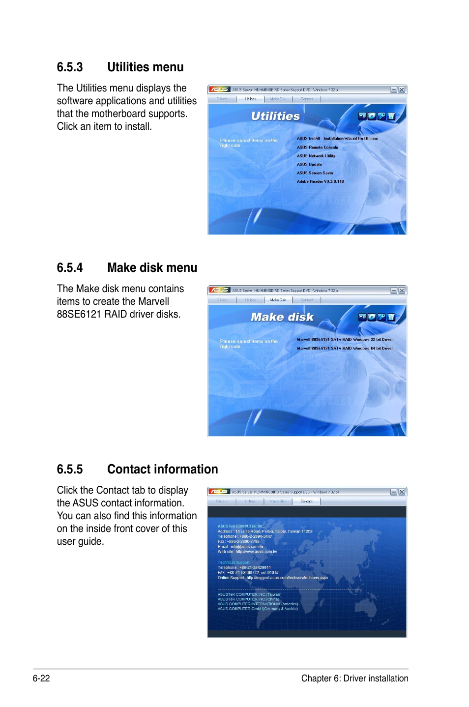 3 utilities menu, 4 make disk menu, 5 contact information | Utilities menu -22, Make disk menu -22, Contact information -22 | Asus Hummingbird User Manual | Page 108 / 112