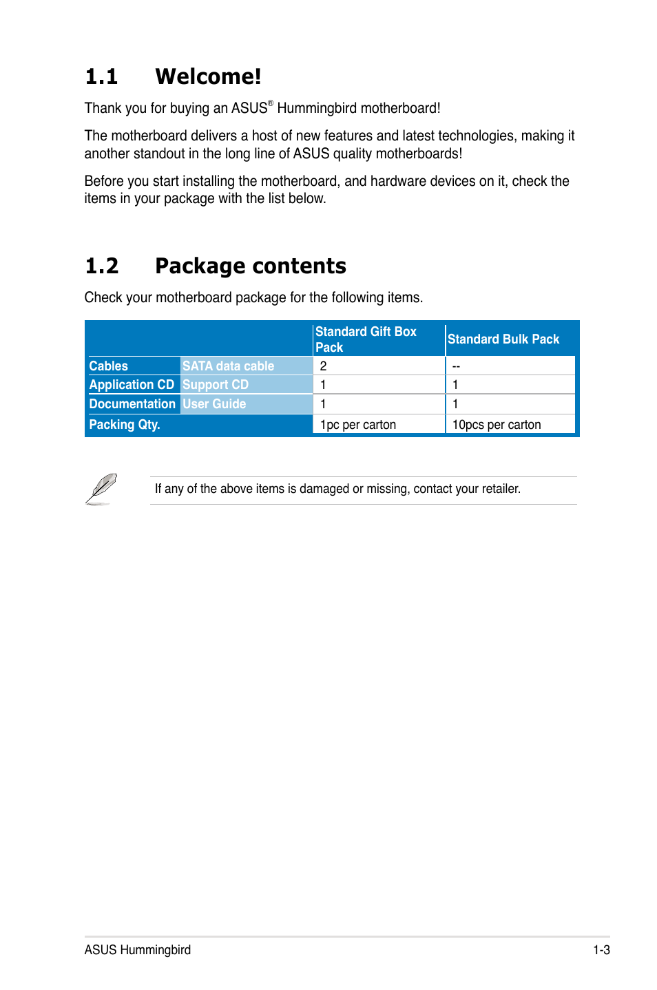 1 welcome, 2 package contents, Welcome! -3 | Package contents -3 | Asus Hummingbird User Manual | Page 15 / 112
