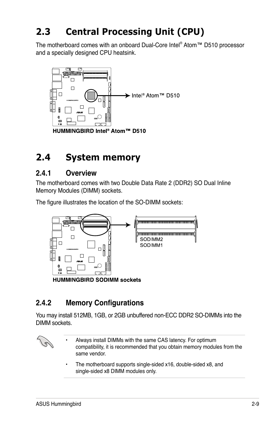 3 central processing unit (cpu), 4 system memory, 1 overview | 2 memory configurations, Central processing unit (cpu) -9, System memory -9 2.4.1, Overview -9, Memory configurations -9 | Asus Hummingbird User Manual | Page 25 / 112