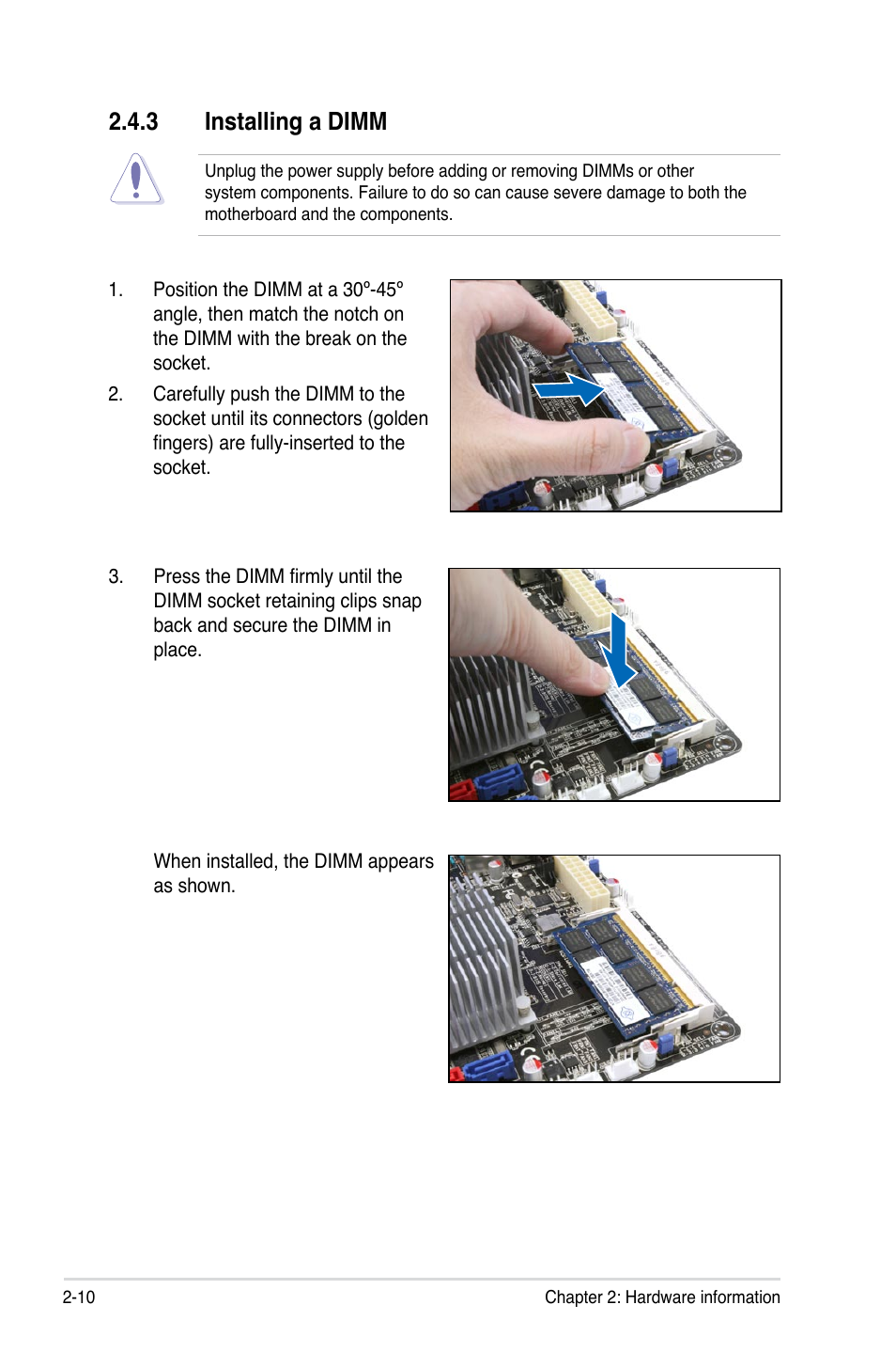 3 installing a dimm, Installing a dimm -10 | Asus Hummingbird User Manual | Page 26 / 112
