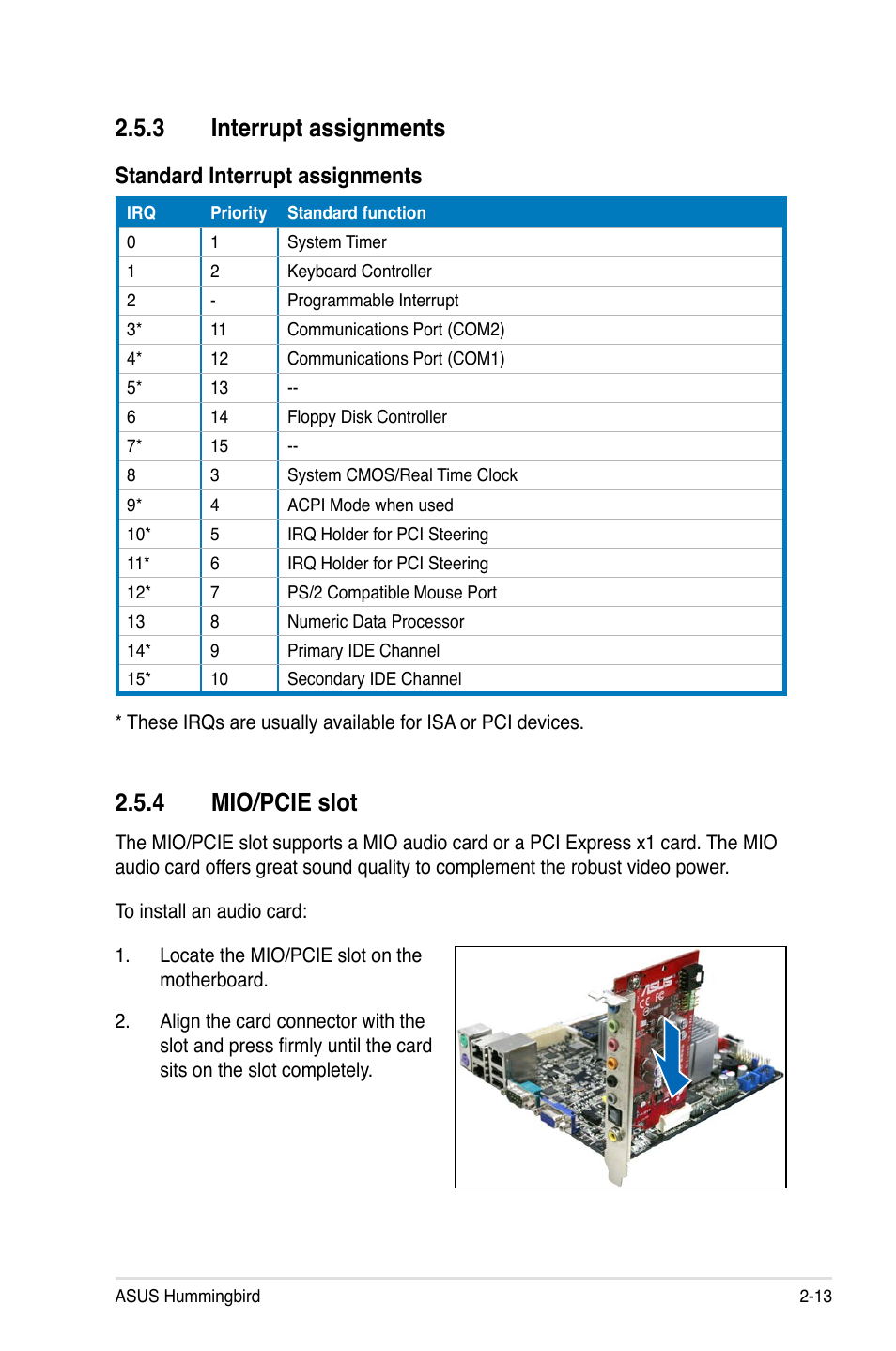 3 interrupt assignments, 4 mio/pcie slot, Interrupt assignments -13 | Mio/pcie slot -13, Standard interrupt assignments | Asus Hummingbird User Manual | Page 29 / 112