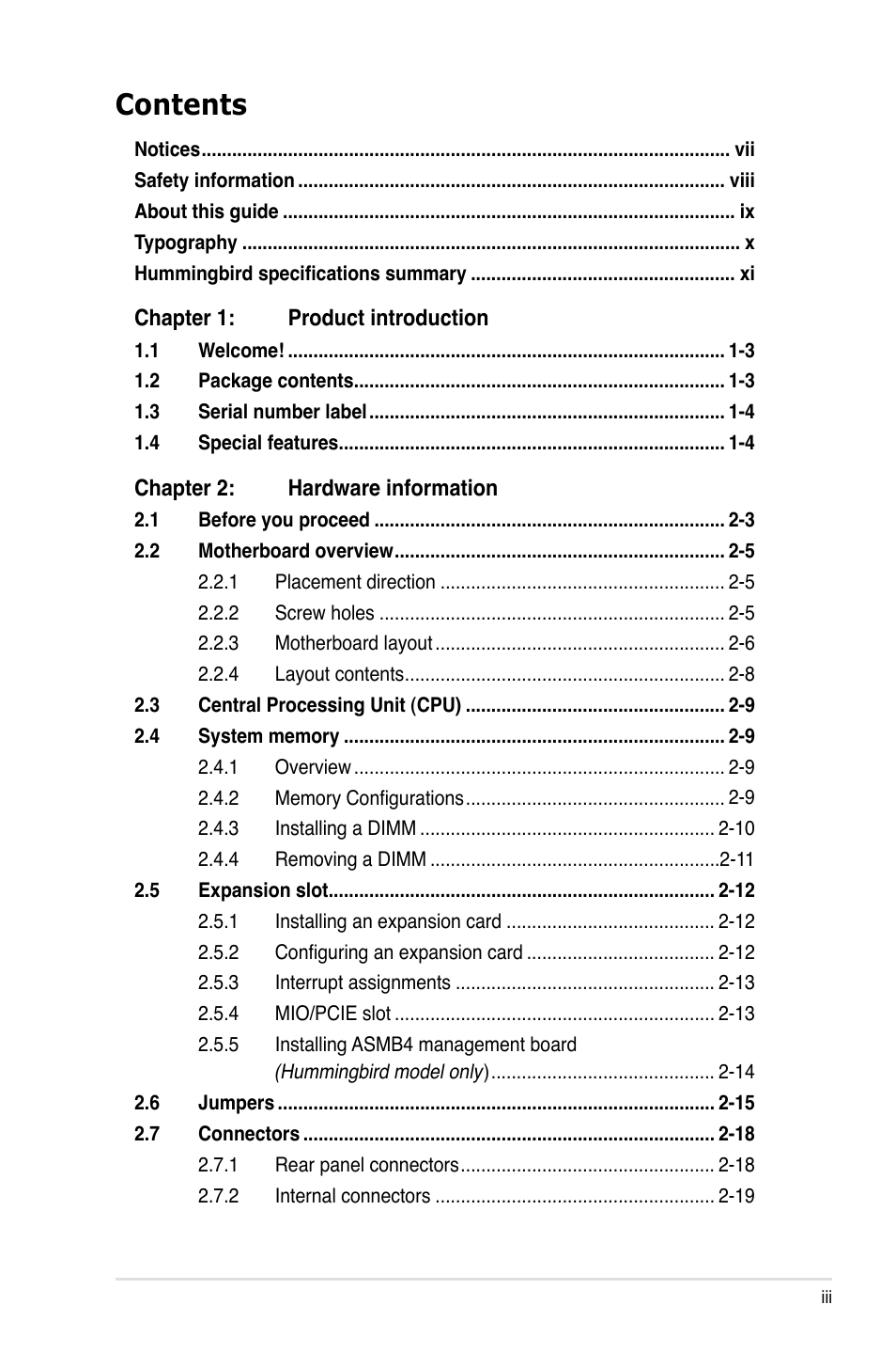 Asus Hummingbird User Manual | Page 3 / 112